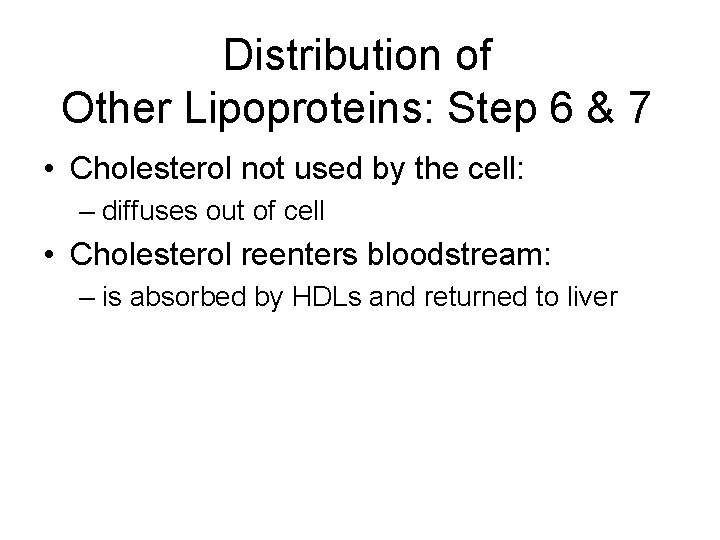 Distribution of Other Lipoproteins: Step 6 & 7 • Cholesterol not used by the