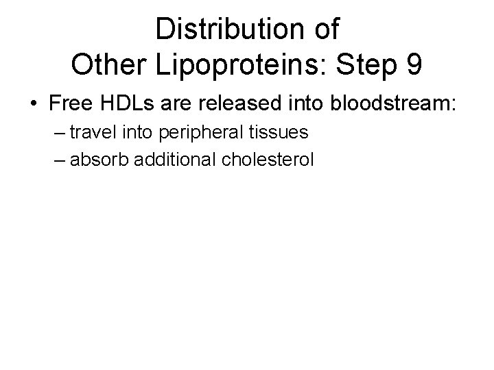 Distribution of Other Lipoproteins: Step 9 • Free HDLs are released into bloodstream: –