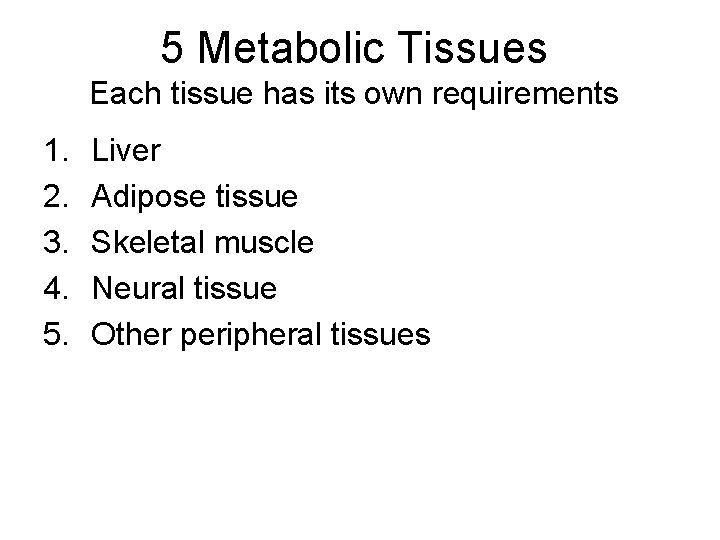 5 Metabolic Tissues Each tissue has its own requirements 1. 2. 3. 4. 5.