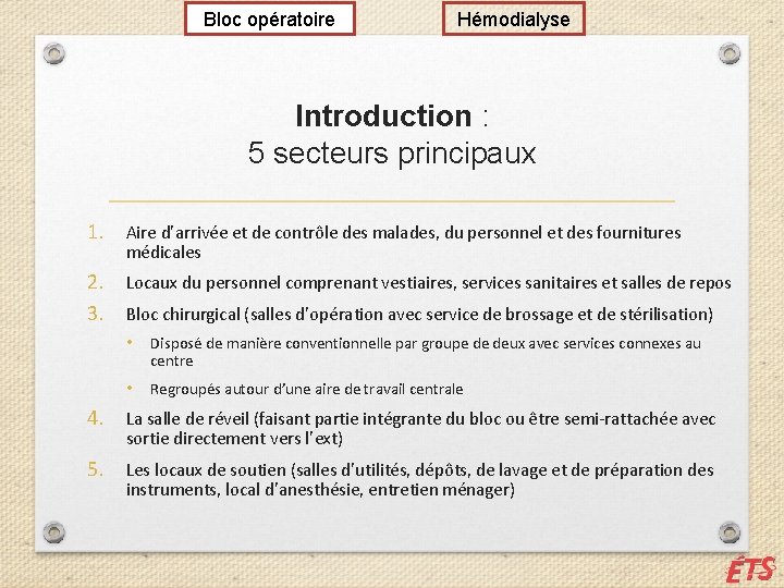 Bloc opératoire Hémodialyse Introduction : 5 secteurs principaux 1. Aire d’arrivée et de contrôle