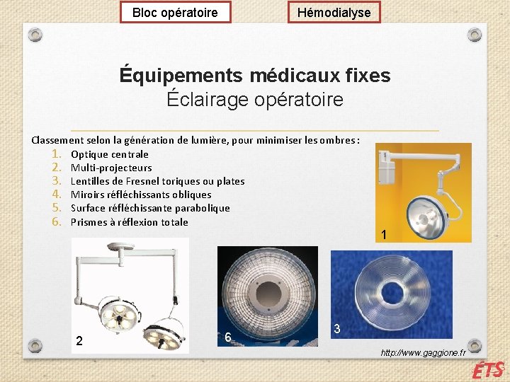 Bloc opératoire Hémodialyse Équipements médicaux fixes Éclairage opératoire Classement selon la génération de lumière,