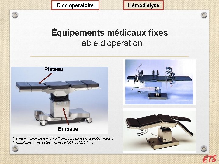 Bloc opératoire Hémodialyse Équipements médicaux fixes Table d’opération Plateau Embase http: //www. medicalexpo. fr/prod/merivaara/tables-d-operation-electrohydrauliques-universelles-mobiles-69377
