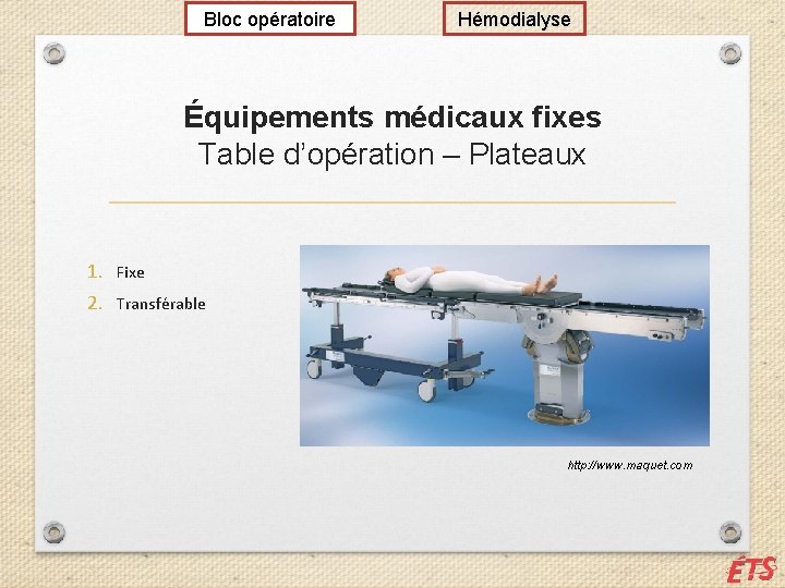 Bloc opératoire Hémodialyse Équipements médicaux fixes Table d’opération – Plateaux 1. Fixe 2. Transférable