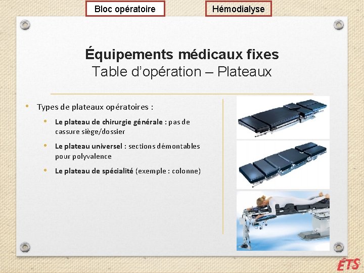 Bloc opératoire Hémodialyse Équipements médicaux fixes Table d’opération – Plateaux • Types de plateaux
