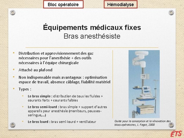 Bloc opératoire Hémodialyse Équipements médicaux fixes Bras anesthésiste • Distribution et approvisionnement des gaz
