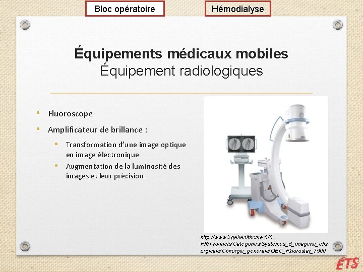 Bloc opératoire Hémodialyse Équipements médicaux mobiles Équipement radiologiques • Fluoroscope • Amplificateur de brillance