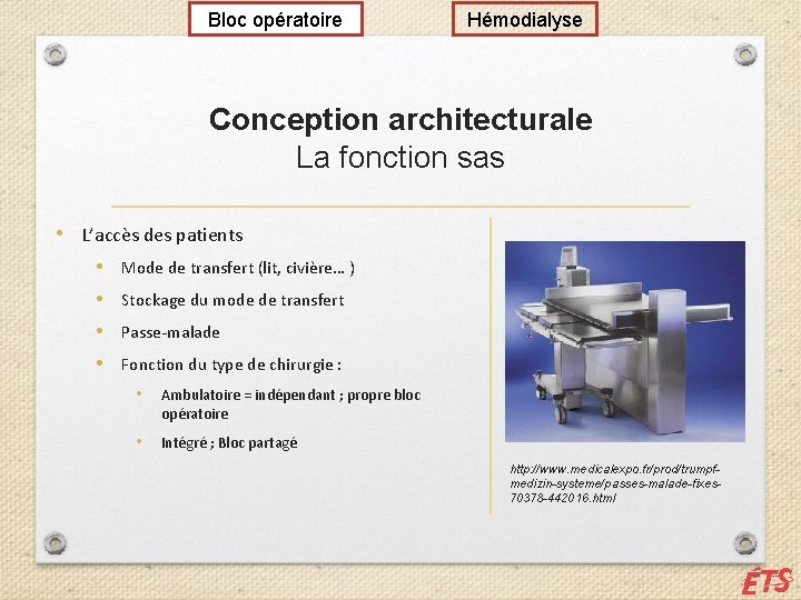 Bloc opératoire Hémodialyse Conception architecturale La fonction sas • L’accès des patients • Mode