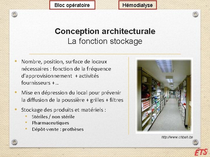 Bloc opératoire Hémodialyse Conception architecturale La fonction stockage • Nombre, position, surface de locaux