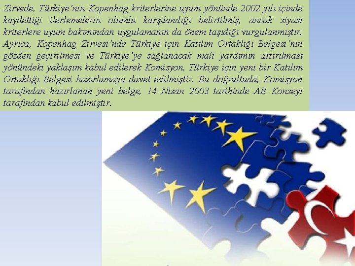 Zirvede, Türkiye’nin Kopenhag kriterlerine uyum yönünde 2002 yılı içinde kaydettiği ilerlemelerin olumlu karşılandığı belirtilmiş,