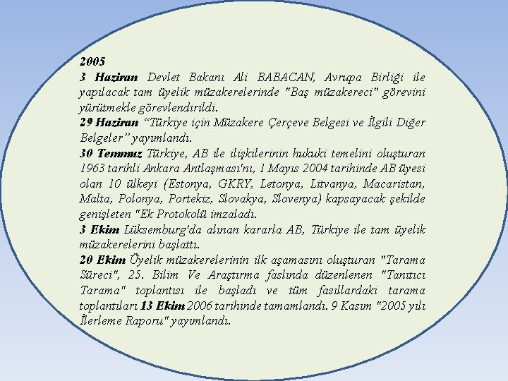 2005 3 Haziran Devlet Bakanı Ali BABACAN, Avrupa Birliği ile yapılacak tam üyelik müzakerelerinde