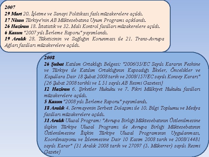 2007 29 Mart 20. İşletme ve Sanayi Politikası faslı müzakerelere açıldı. 17 Nisan Türkiye'nin
