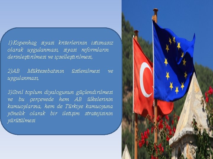 1)Kopenhag siyasi kriterlerinin istisnasız olarak uygulanması, siyasi reformların derinleştirilmesi ve içselleştirilmesi, 2)AB Müktesebatının uygulanması,