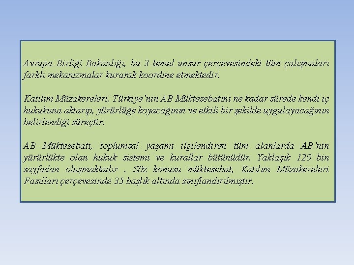 Avrupa Birliği Bakanlığı, bu 3 temel unsur çerçevesindeki tüm çalışmaları farklı mekanizmalar kurarak koordine