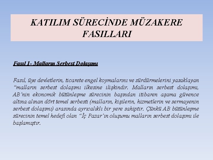 KATILIM SÜRECİNDE MÜZAKERE FASILLARI Fasıl 1 - Malların Serbest Dolaşımı Fasıl, üye devletlerin, ticarete