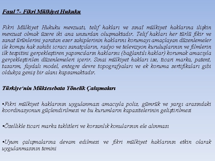 Fasıl 7 - Fikri Mülkiyet Hukuku mevzuatı, telif hakları ve sınaî mülkiyet haklarına ilişkin