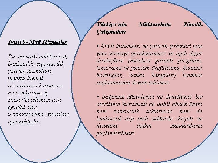 Türkiye‘nin Çalışmaları Fasıl 9 - Mali Hizmetler Bu alandaki müktesebat, bankacılık, sigortacılık, yatırım hizmetleri,