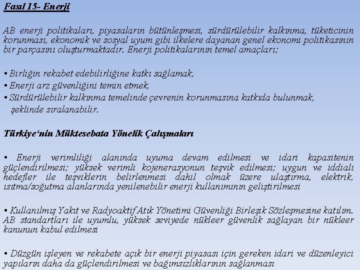 Fasıl 15 - Enerji AB enerji politikaları, piyasaların bütünleşmesi, sürdürülebilir kalkınma, tüketicinin korunması, ekonomik