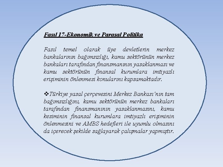 Fasıl 17 -Ekonomik ve Parasal Politika Fasıl temel olarak üye devletlerin merkez bankalarının bağımsızlığı,