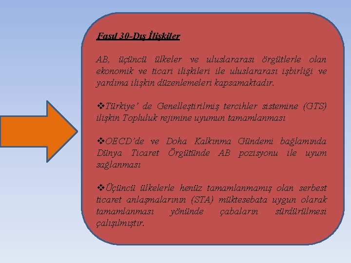 Fasıl 30 -Dış İlişkiler AB, üçüncü ülkeler ve uluslararası örgütlerle olan ekonomik ve ticari