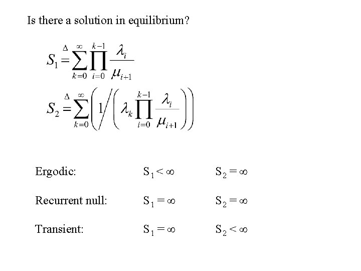 Is there a solution in equilibrium? Ergodic: S 1 < S 2 = Recurrent