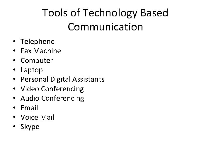 Tools of Technology Based Communication • • • Telephone Fax Machine Computer Laptop Personal