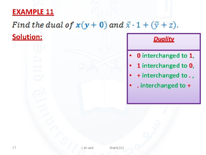 EXAMPLE 11 Solution: Duality • • 17 L Al-zaid Math 1101 0 interchanged to