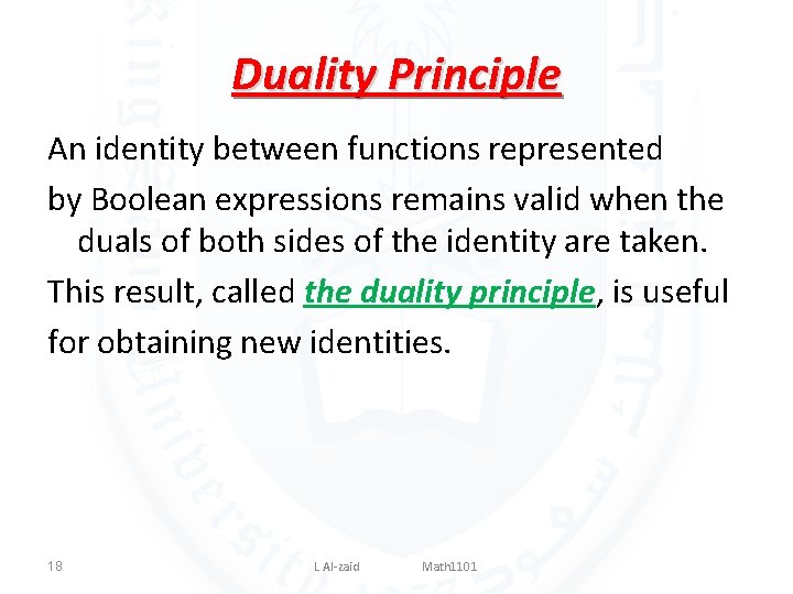 Duality Principle An identity between functions represented by Boolean expressions remains valid when the Duality Principle An identity between functions represented by Boolean expressions remains valid when the