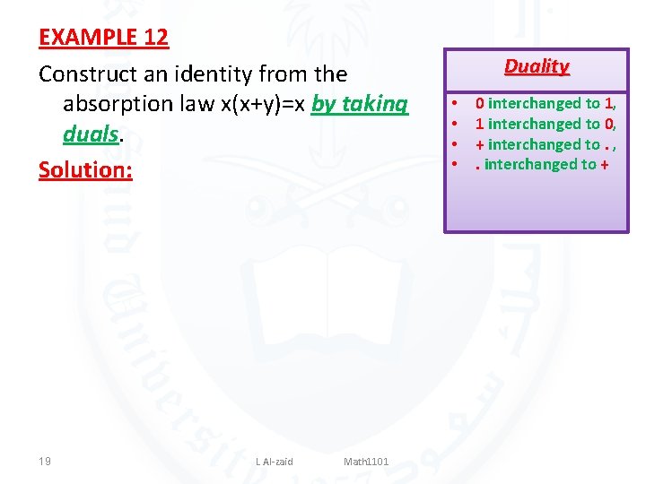 EXAMPLE 12 Construct an identity from the absorption law x(x+y)=x by taking duals. Solution: