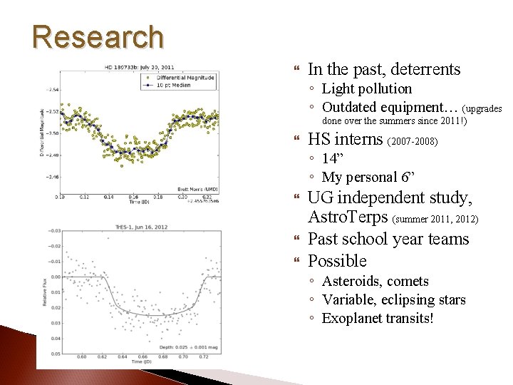 Research In the past, deterrents ◦ Light pollution ◦ Outdated equipment… (upgrades done over