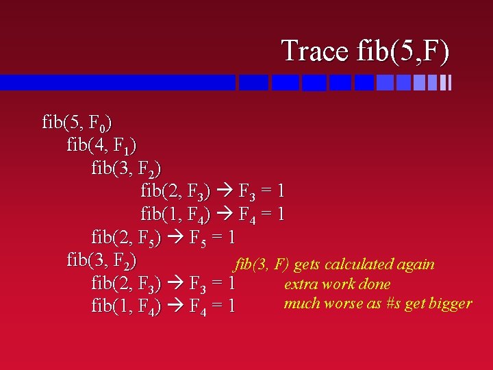 Trace fib(5, F) fib(5, F 0) fib(4, F 1) fib(3, F 2) fib(2, F
