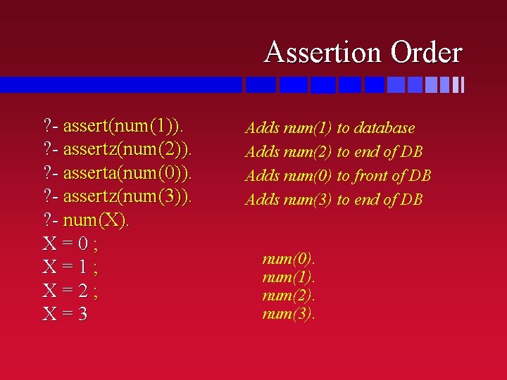 Assertion Order ? - assert(num(1)). ? - assertz(num(2)). ? - asserta(num(0)). ? - assertz(num(3)).