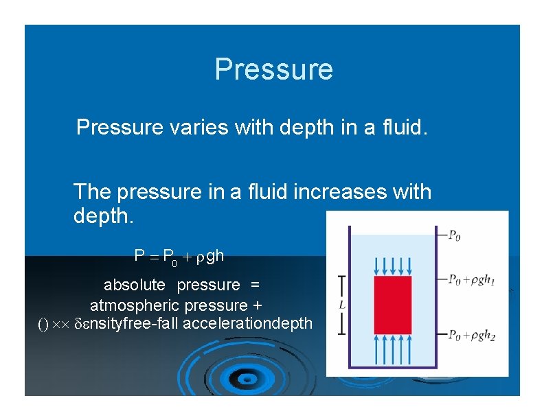Pressure varies with depth in a fluid. The pressure in a fluid increases with