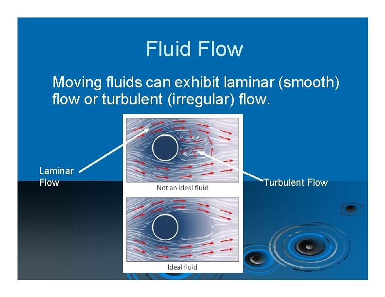 Fluid Flow Moving fluids can exhibit laminar (smooth) flow or turbulent (irregular) flow. Laminar