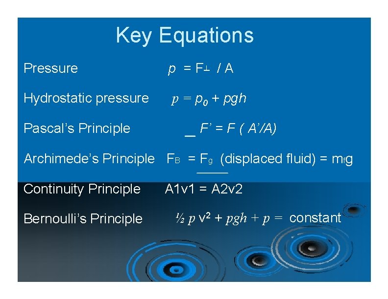 Key Equations Pressure p = F┴ / A Hydrostatic pressure p = p 0