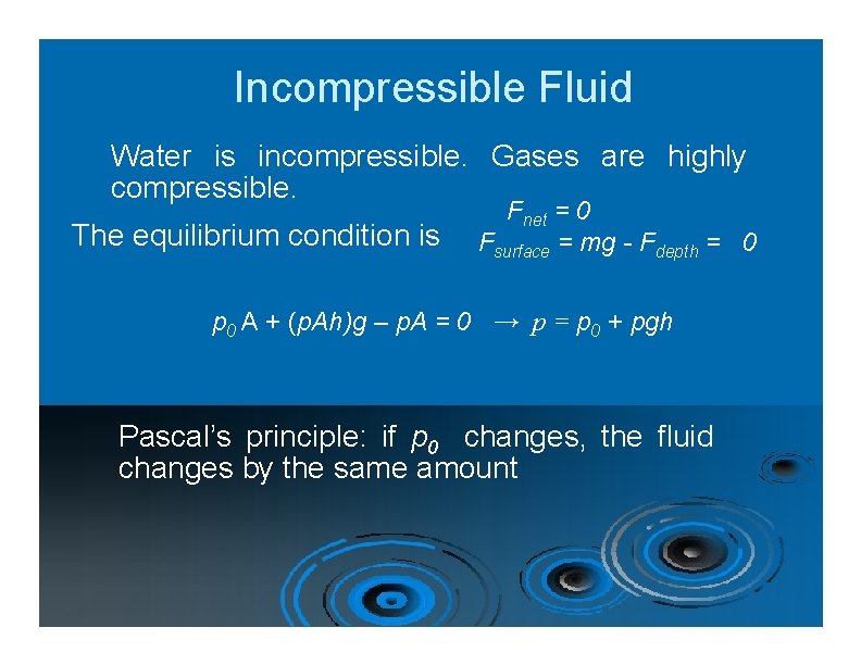 Incompressible Fluid Water is incompressible. Gases are highly compressible. The equilibrium condition is Fnet