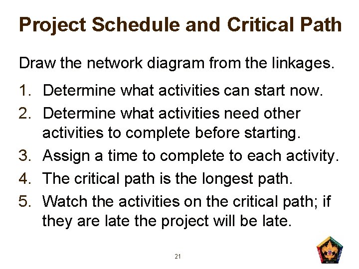 Project Schedule and Critical Path Draw the network diagram from the linkages. 1. Determine