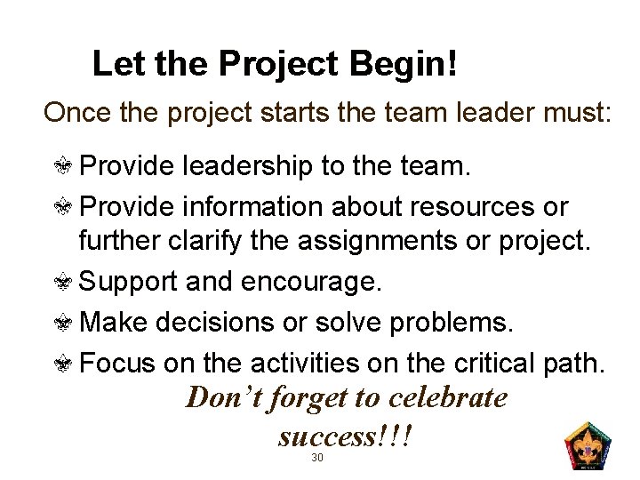 Let the Project Begin! Once the project starts the team leader must: Provide leadership