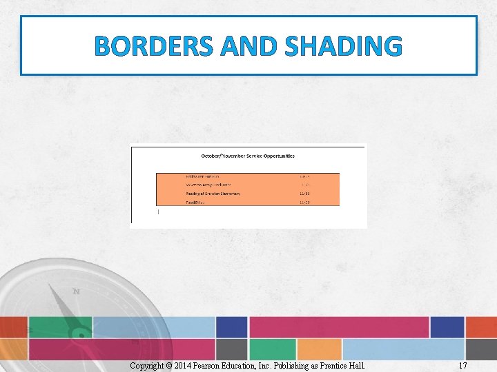 BORDERS AND SHADING Copyright © 2014 Pearson Education, Inc. Publishing as Prentice Hall. 17