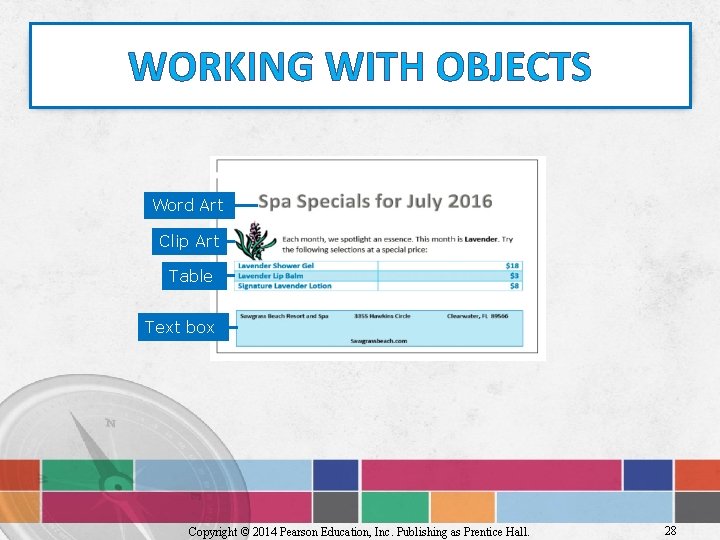WORKING WITH OBJECTS Word Art Clip Art Table Text box Copyright © 2014 Pearson
