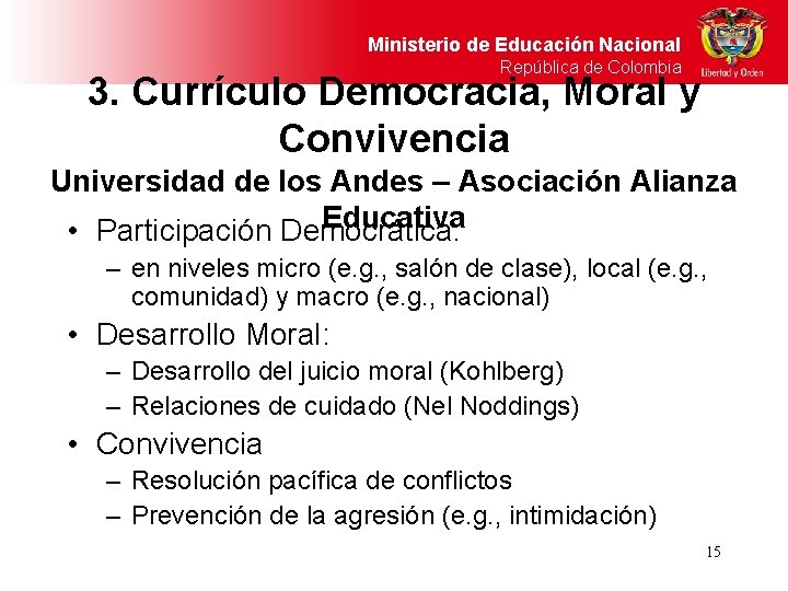 Ministerio de Educación Nacional República de Colombia 3. Currículo Democracia, Moral y Convivencia Universidad