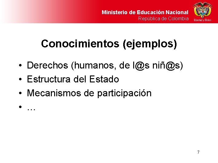 Ministerio de Educación Nacional República de Colombia Conocimientos (ejemplos) • • Derechos (humanos, de