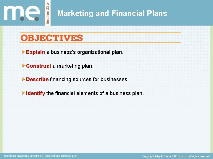 Section 35. 2 Marketing and Financial Plans Explain a business’s organizational plan. Construct a