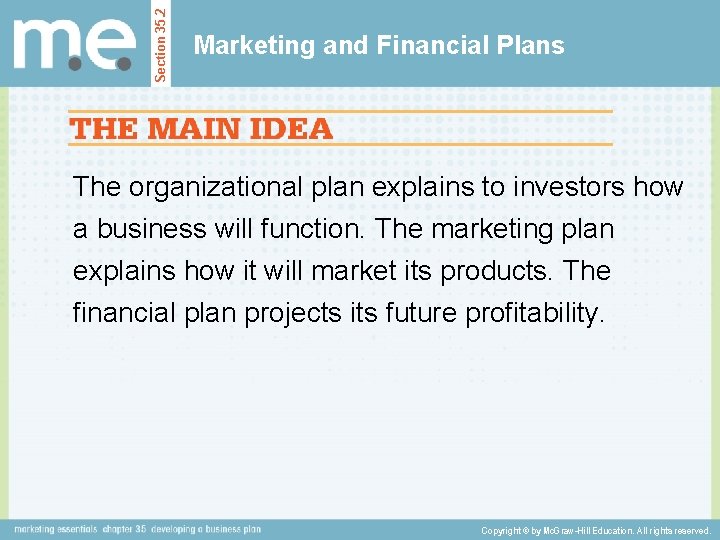 Section 35. 2 Marketing and Financial Plans The organizational plan explains to investors how