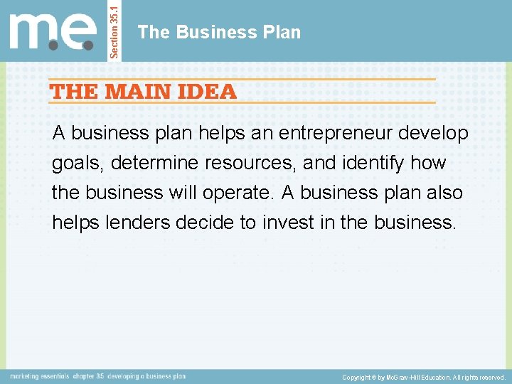 Section 35. 1 The Business Plan A business plan helps an entrepreneur develop goals,