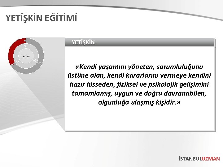 YETİŞKİN EĞİTİMİ YETİŞKİN Tanım «Kendi yaşamını yöneten, sorumluluğunu üstüne alan, kendi kararlarını vermeye kendini