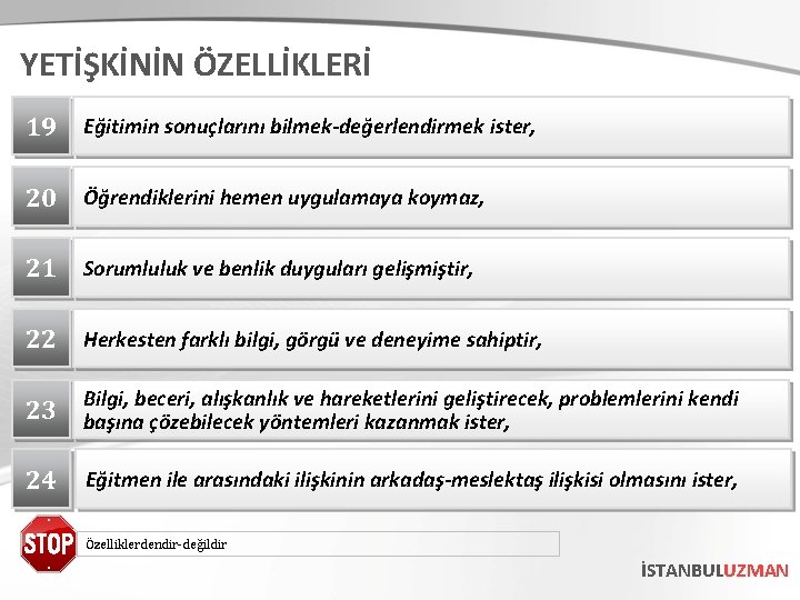 YETİŞKİNİN ÖZELLİKLERİ 19 Eğitimin sonuçlarını bilmek-değerlendirmek ister, 20 Öğrendiklerini hemen uygulamaya koymaz, 21 Sorumluluk