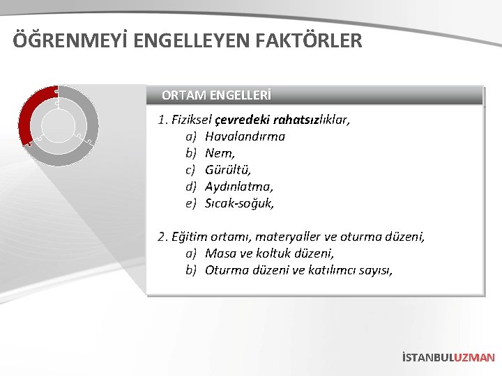 ÖĞRENMEYİ ENGELLEYEN FAKTÖRLER ORTAM ENGELLERİ 1. Fiziksel çevredeki rahatsızlıklar, a) Havalandırma b) Nem, c)