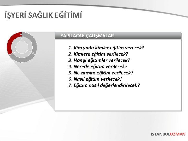 İŞYERİ SAĞLIK EĞİTİMİ YAPILACAK ÇALIŞMALAR 1. Kim yada kimler eğitim verecek? 2. Kimlere eğitim