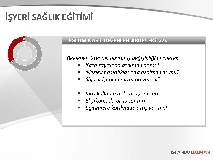 İŞYERİ SAĞLIK EĞİTİMİ EĞİTİM NASIL DEĞERLENDİRİLECEK? « 7» Beklenen istendik davranış değişikliği ölçülerek, §