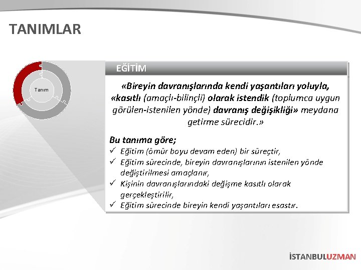 TANIMLAR EĞİTİM Tanım «Bireyin davranışlarında kendi yaşantıları yoluyla, «kasıtlı (amaçlı-bilinçli) olarak istendik (toplumca uygun